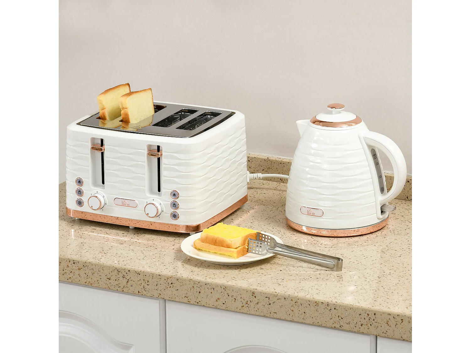 HOMCOM Kettle and Toaster Set 1.7L Rapid Boil Kettle & 4 Slice Toaster White