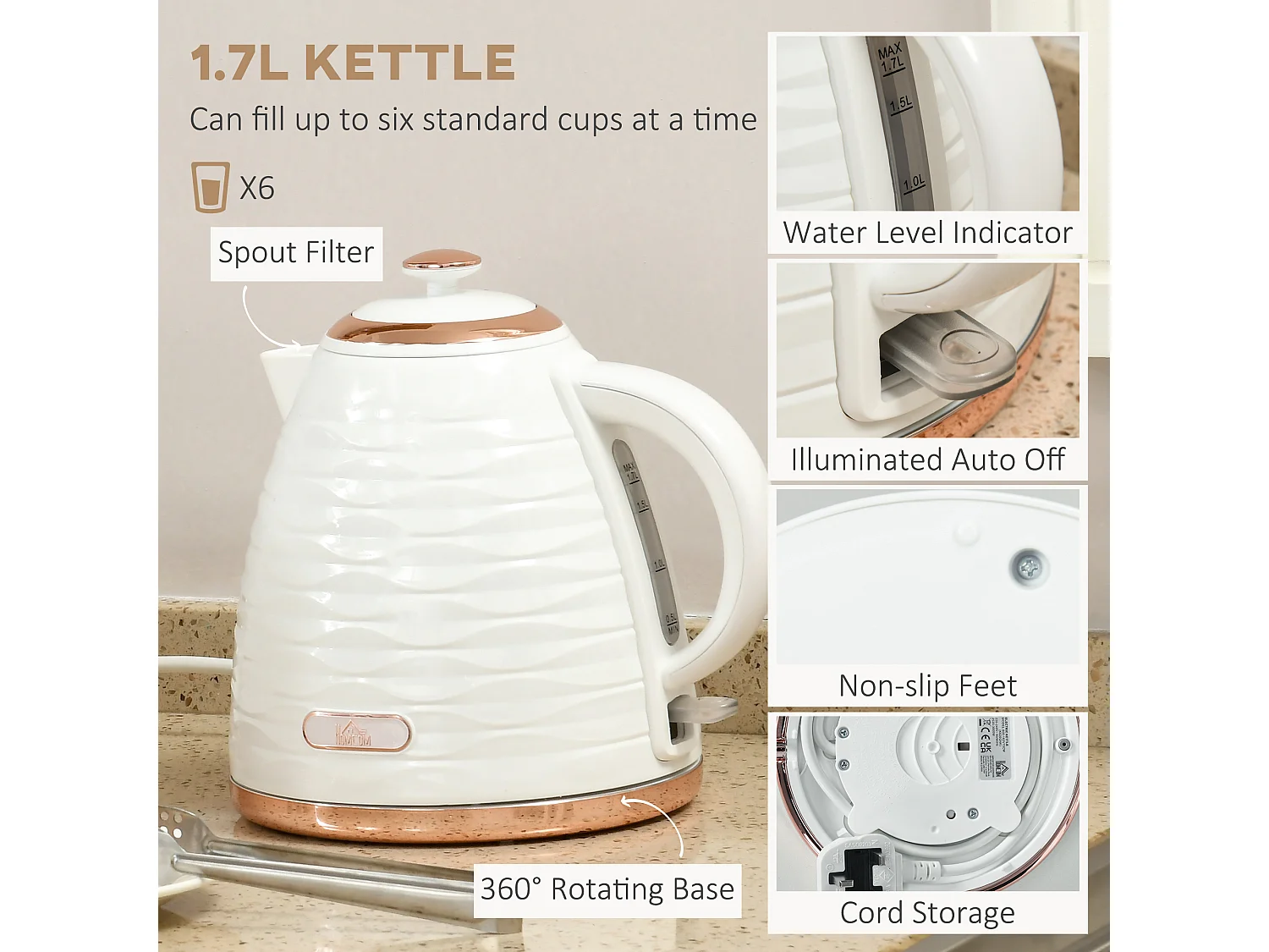 HOMCOM Kettle and Toaster Set 1.7L Rapid Boil Kettle & 4 Slice Toaster White