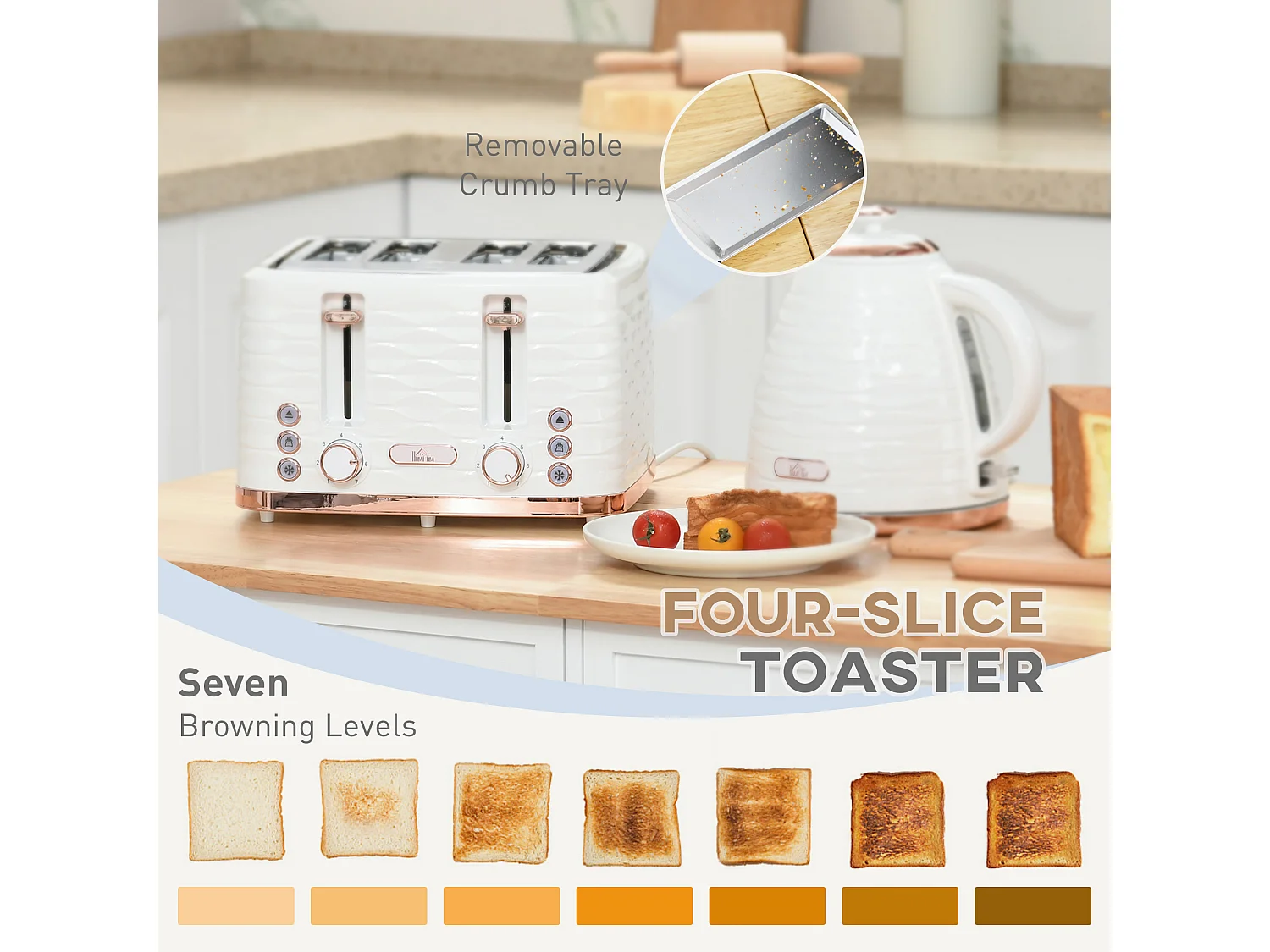 HOMCOM Kettle and Toaster Set 1.7L Rapid Boil Kettle & 4 Slice Toaster White