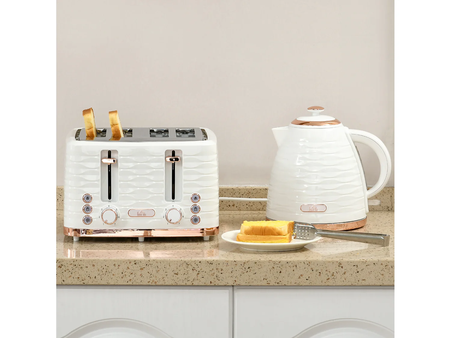 HOMCOM Kettle and Toaster Set 1.7L Rapid Boil Kettle & 4 Slice Toaster White
