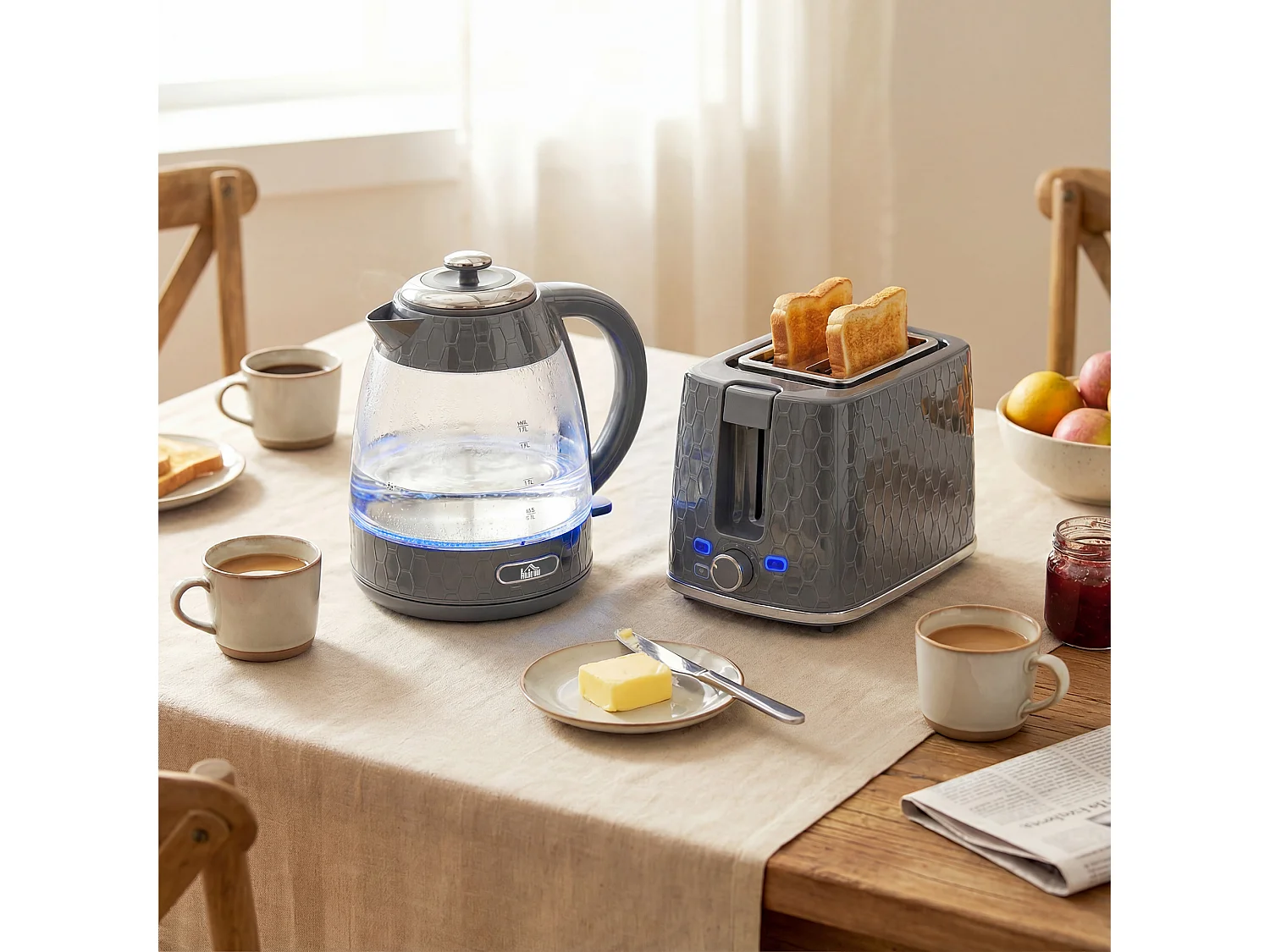 HOMCOM Kettle and Toaster Set with Limescale Filter, Crumb Tray, Grey