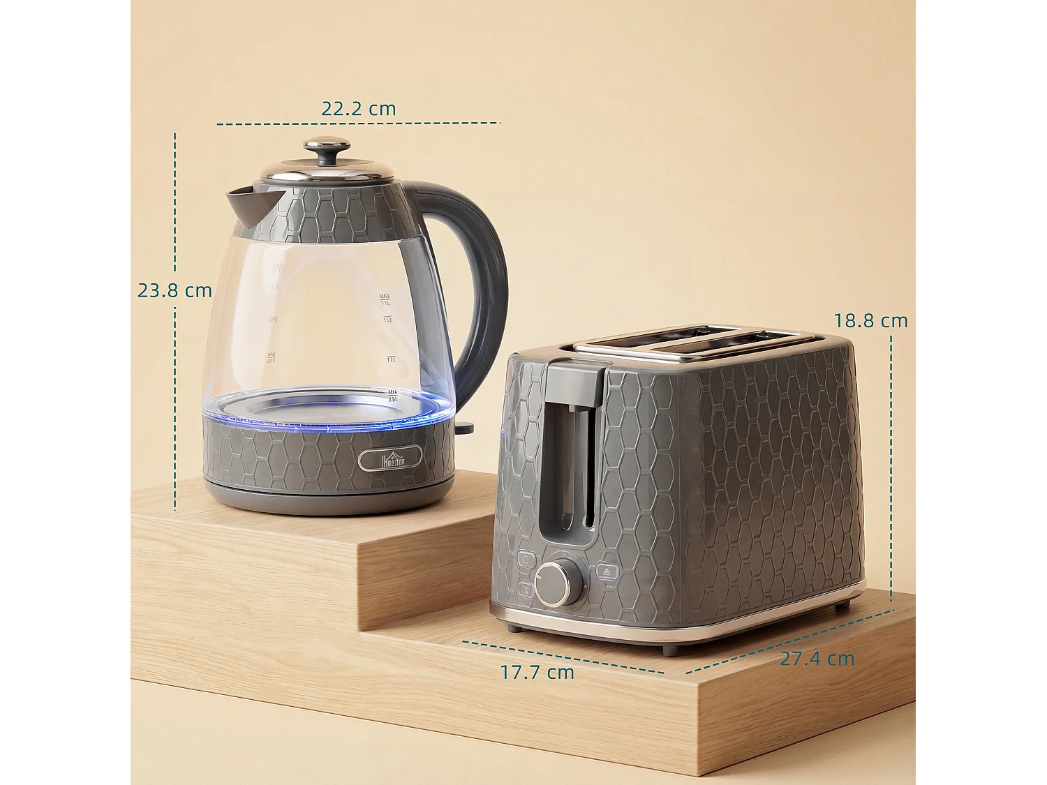 HOMCOM Kettle and Toaster Set with Limescale Filter, Crumb Tray, Grey