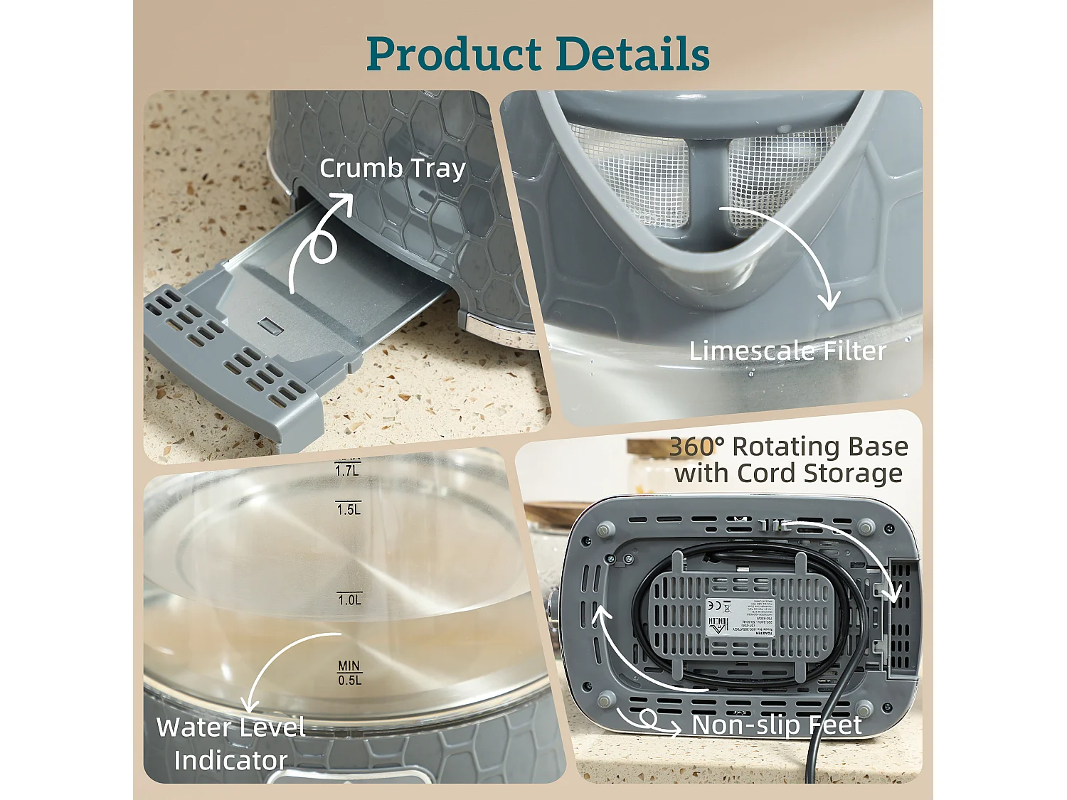 HOMCOM Kettle and Toaster Set with Limescale Filter, Crumb Tray, Grey