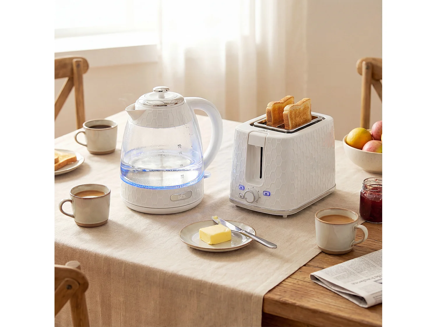 HOMCOM Kettle and Toaster Set with Limescale Filter, Crumb Tray, Cream