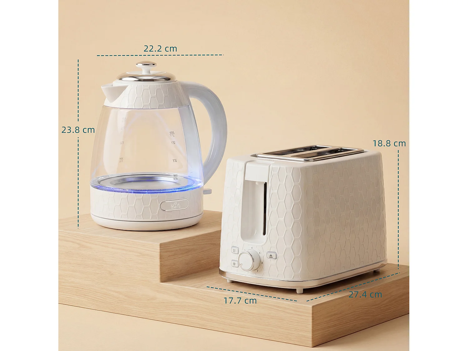 HOMCOM Kettle and Toaster Set with Limescale Filter, Crumb Tray, Cream