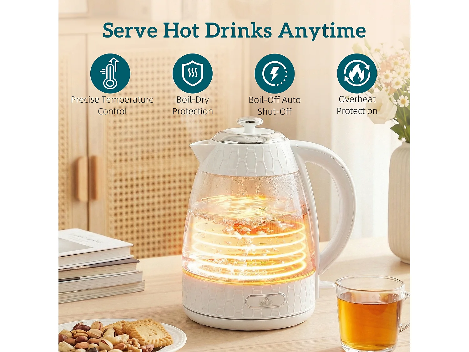 HOMCOM Kettle and Toaster Set with Limescale Filter, Crumb Tray, Cream