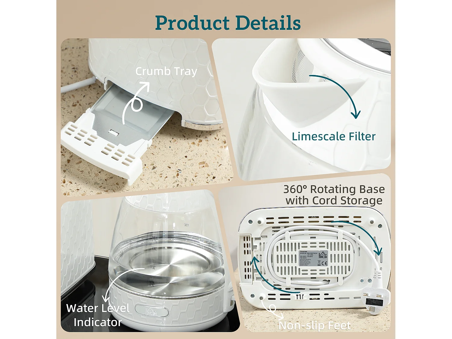 HOMCOM Kettle and Toaster Set with Limescale Filter, Crumb Tray, Cream