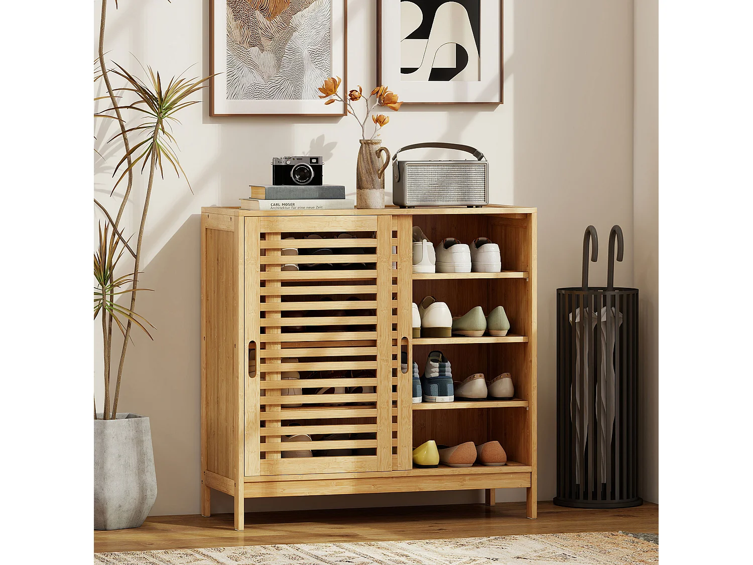 HOMCOM Bamboo Shoe Cabinet with 2 Sliding Slat Doors, 16 Pairs, Natural