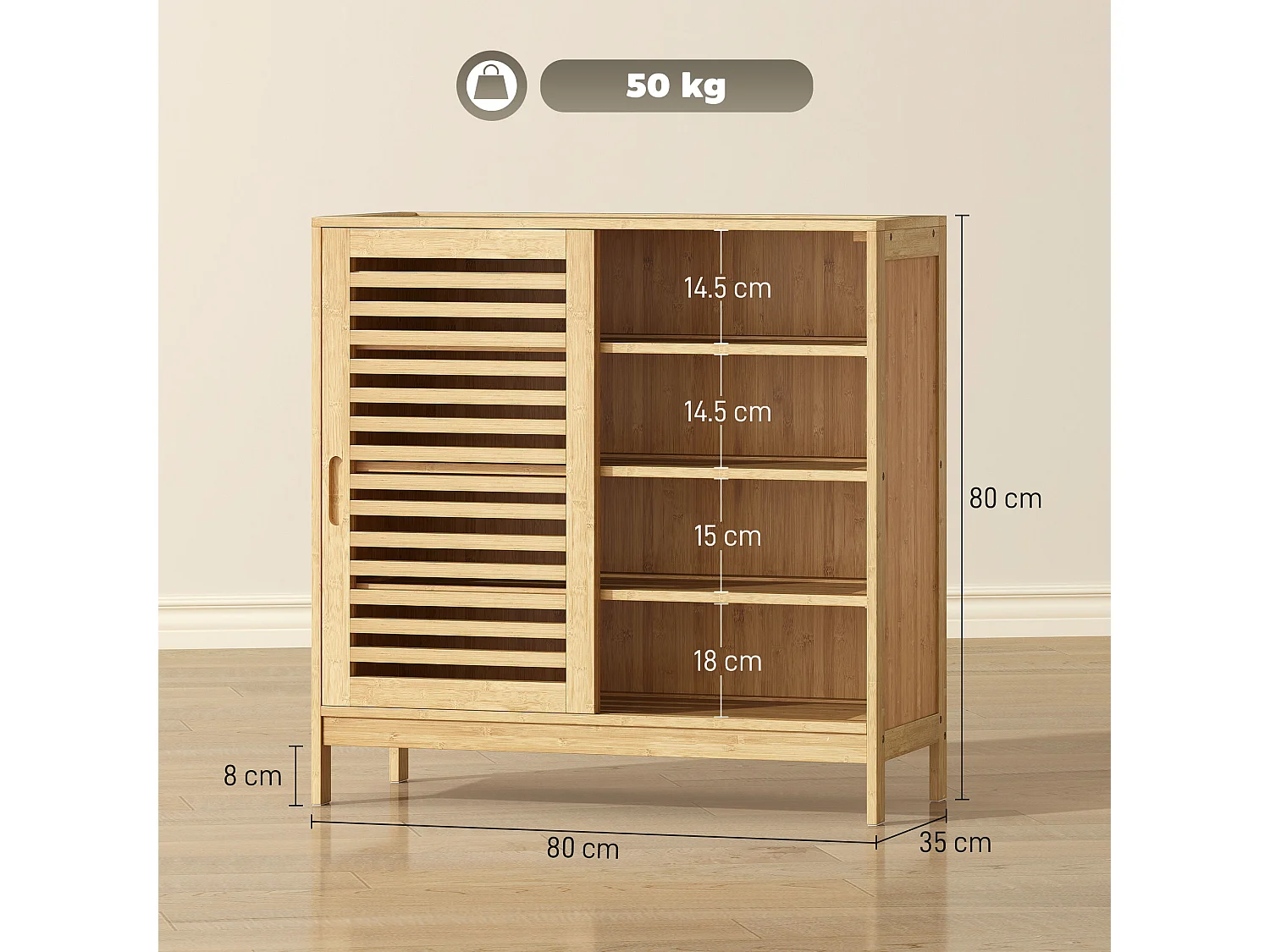 HOMCOM Bamboo Shoe Cabinet with 2 Sliding Slat Doors, 16 Pairs, Natural