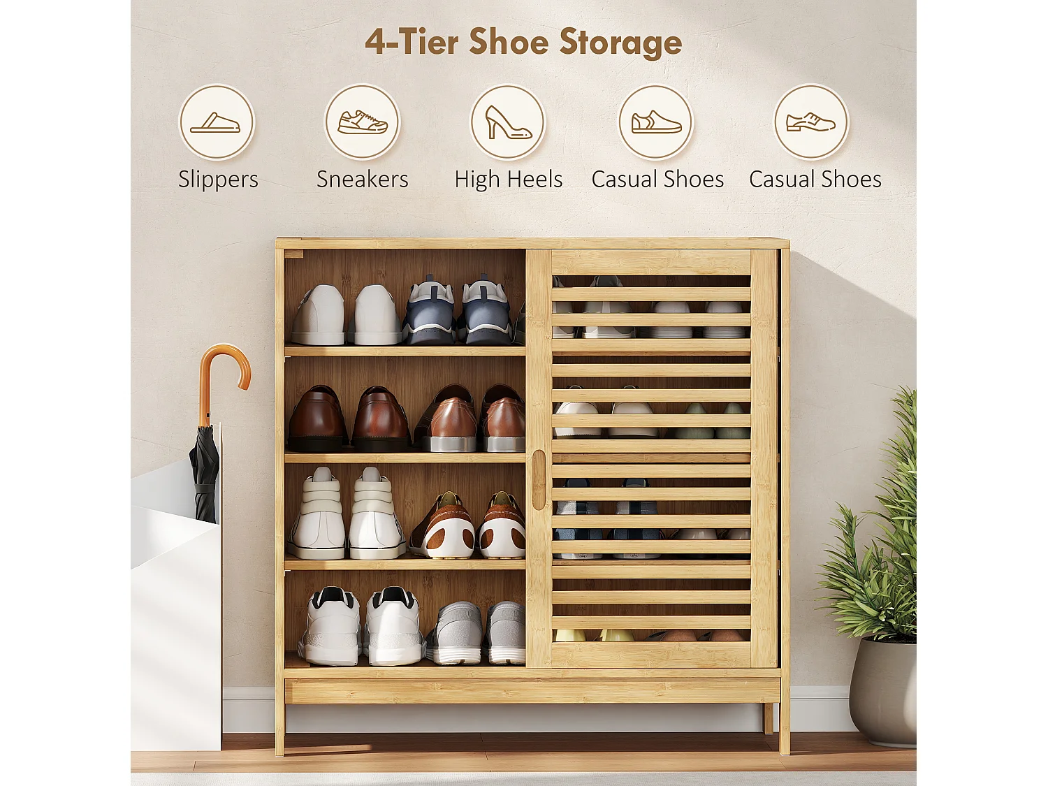 HOMCOM Bamboo Shoe Cabinet with 2 Sliding Slat Doors, 16 Pairs, Natural