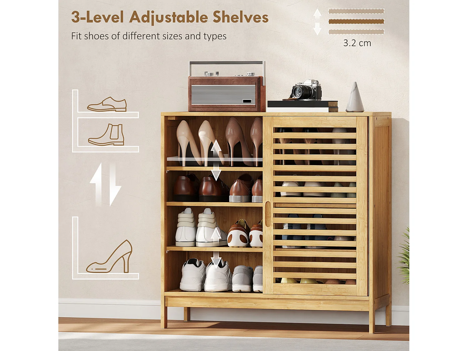 HOMCOM Bamboo Shoe Cabinet with 2 Sliding Slat Doors, 16 Pairs, Natural
