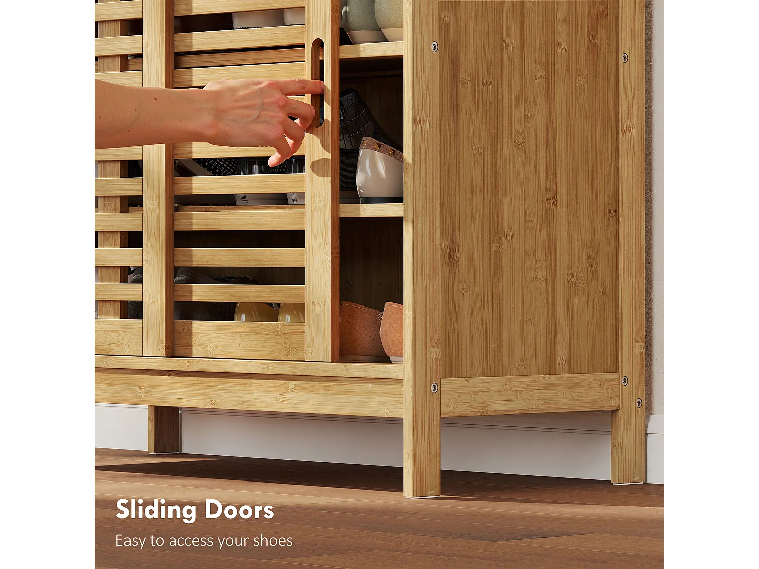 HOMCOM Bamboo Shoe Cabinet with 2 Sliding Slat Doors, 16 Pairs, Natural