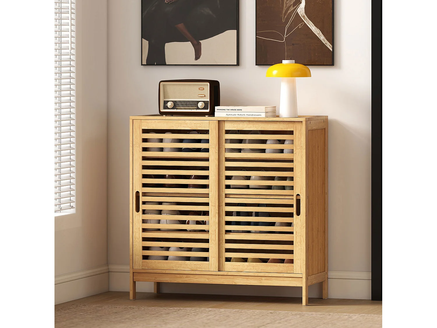 HOMCOM Bamboo Shoe Cabinet with 2 Sliding Slat Doors, 16 Pairs, Natural