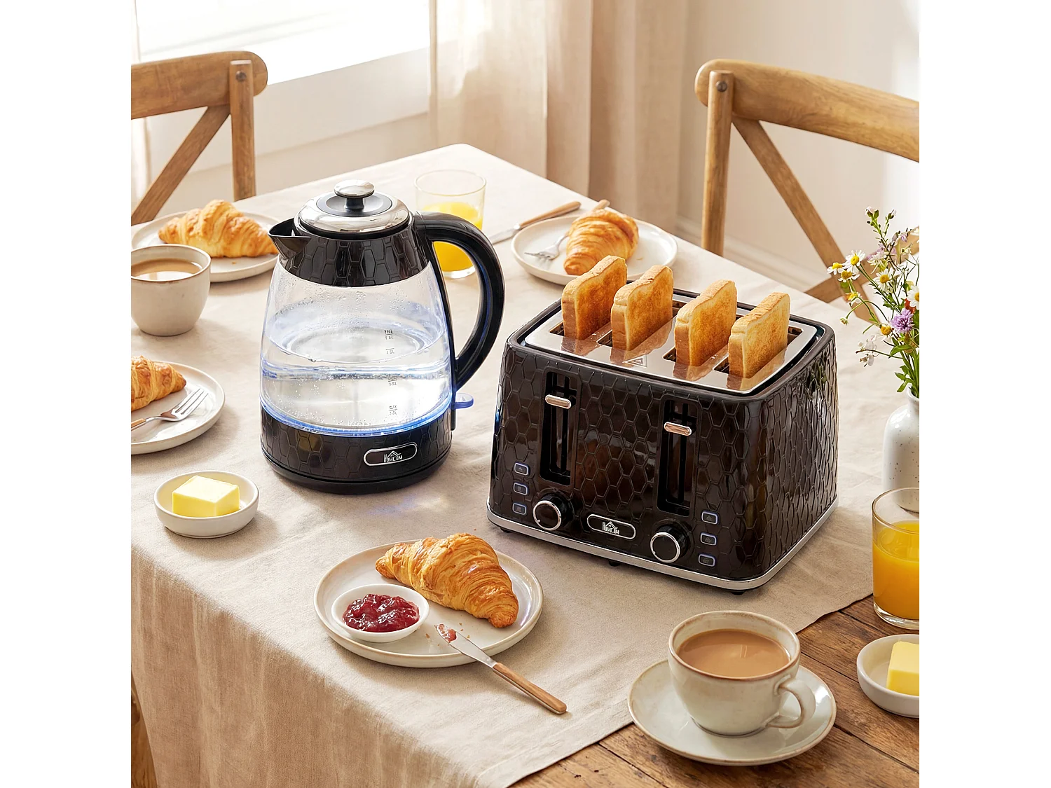 HOMCOM Kettle and Toaster Set with Strix Thermostat, Crumb Tray, Black
