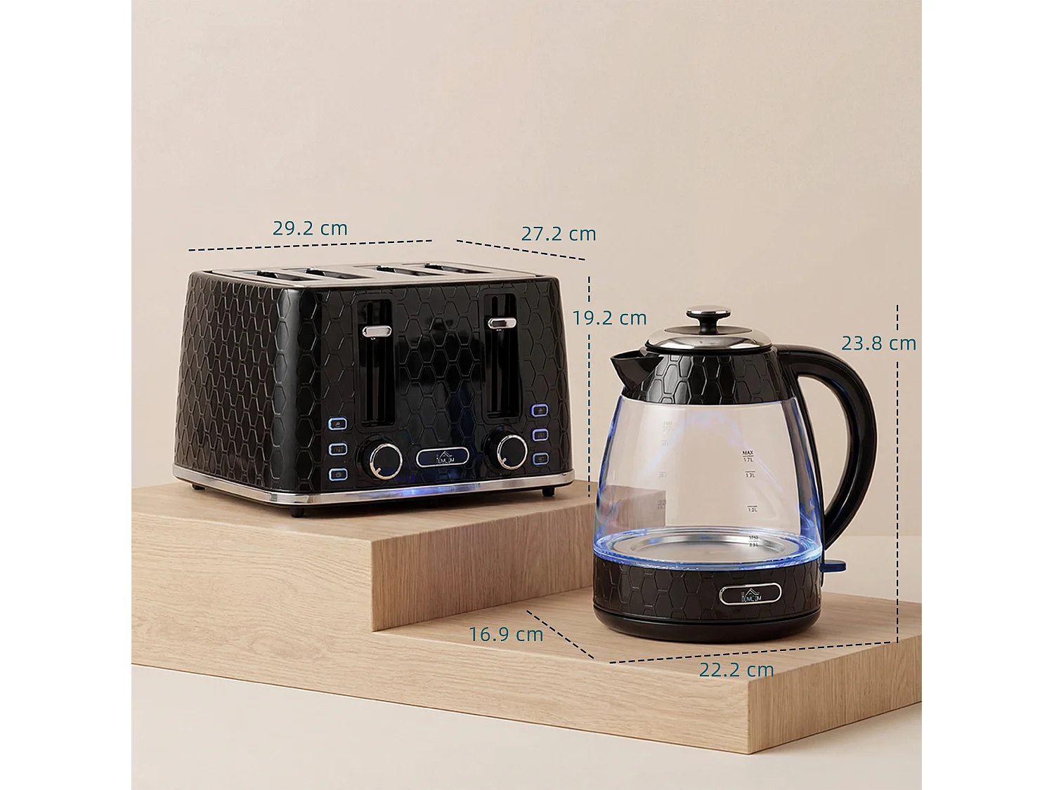 HOMCOM Kettle and Toaster Set with Strix Thermostat, Crumb Tray, Black