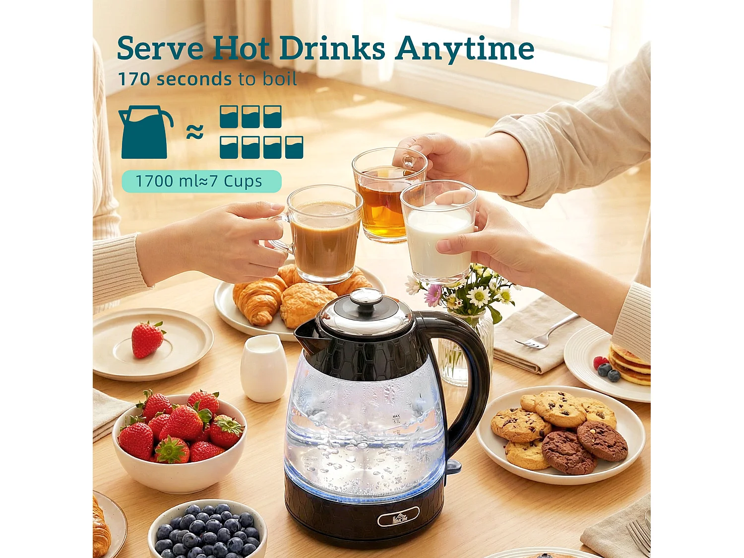 HOMCOM Kettle and Toaster Set with Strix Thermostat, Crumb Tray, Black