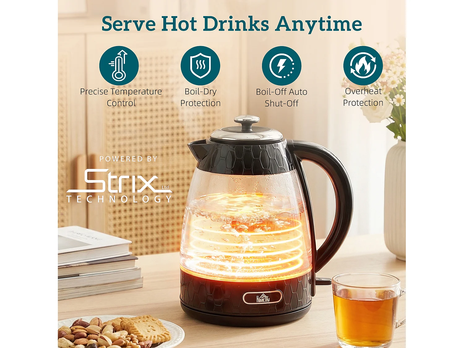 HOMCOM Kettle and Toaster Set with Strix Thermostat, Crumb Tray, Black
