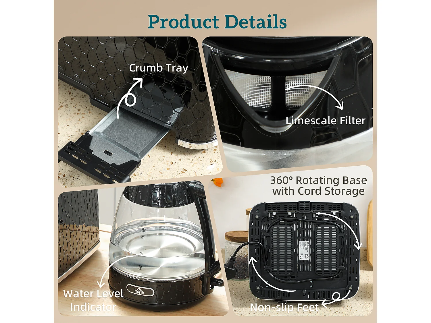 HOMCOM Kettle and Toaster Set with Strix Thermostat, Crumb Tray, Black