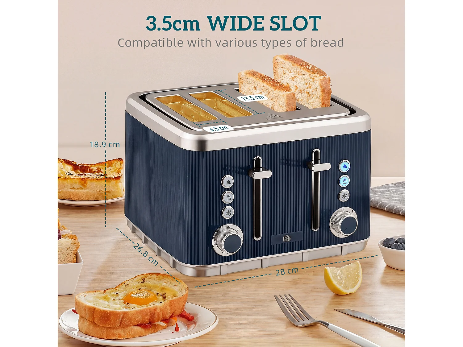HOMCOM 1.7L 3000W Rapid Boil Kettle and 4 Slice Toaster Set Dark Blue