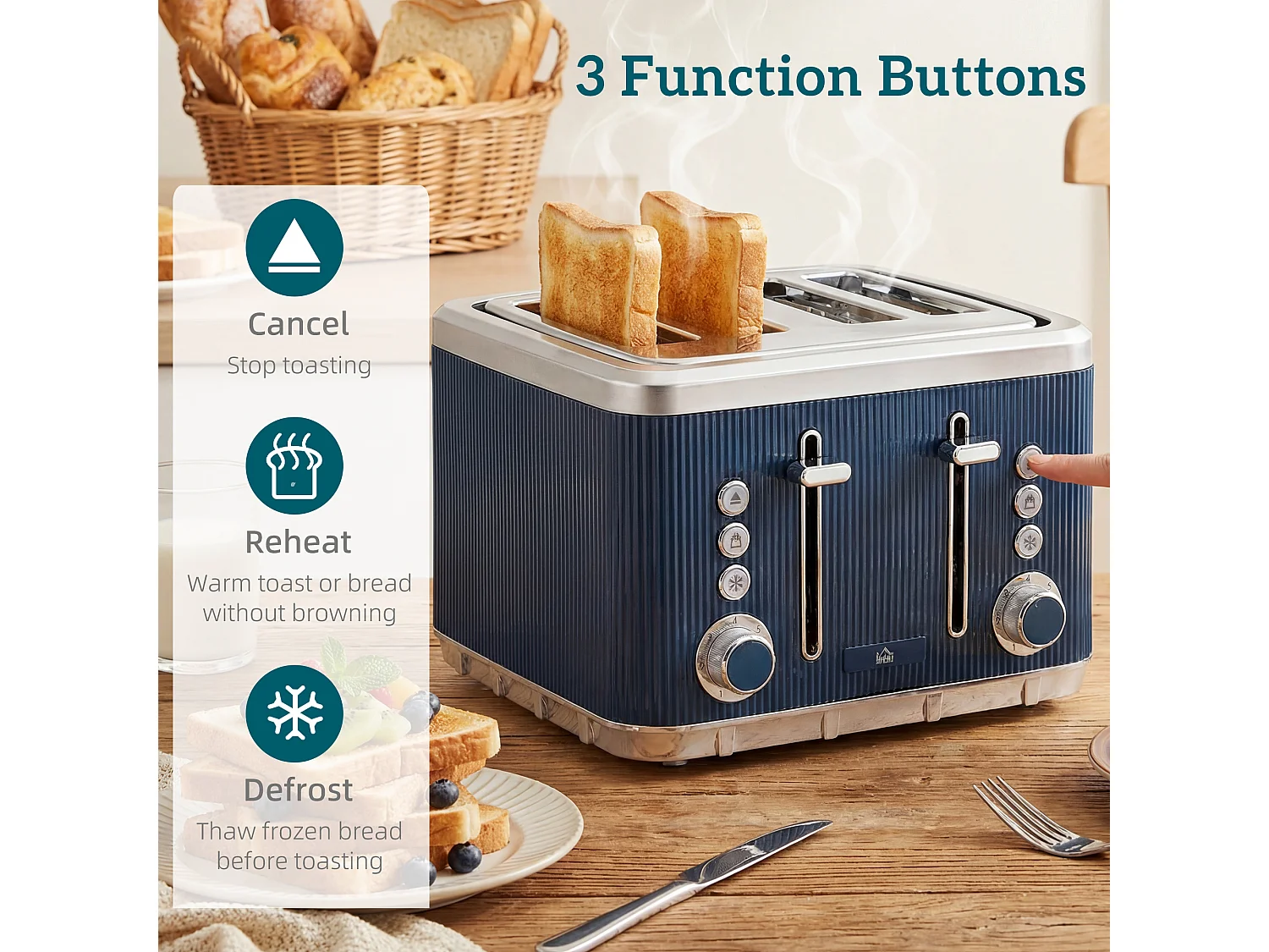 HOMCOM 1.7L 3000W Rapid Boil Kettle and 4 Slice Toaster Set Dark Blue