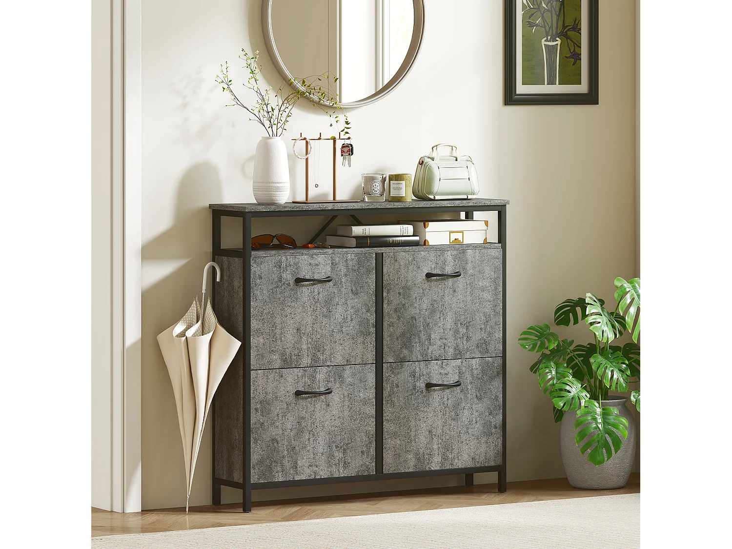HOMCOM Shoe Cabinet with 4 Flip Drawers, Holds 12-20 Pairs, Cement Grey