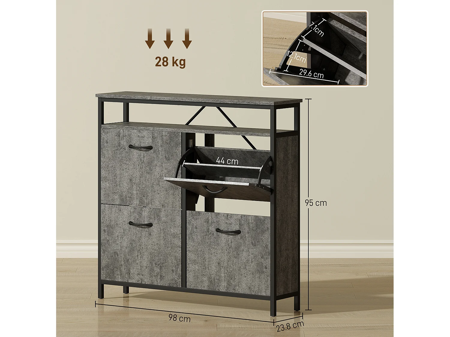 HOMCOM Shoe Cabinet with 4 Flip Drawers, Holds 12-20 Pairs, Cement Grey