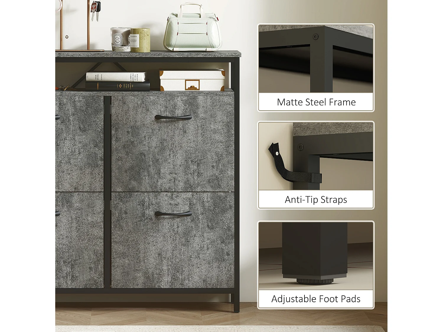 HOMCOM Shoe Cabinet with 4 Flip Drawers, Holds 12-20 Pairs, Cement Grey