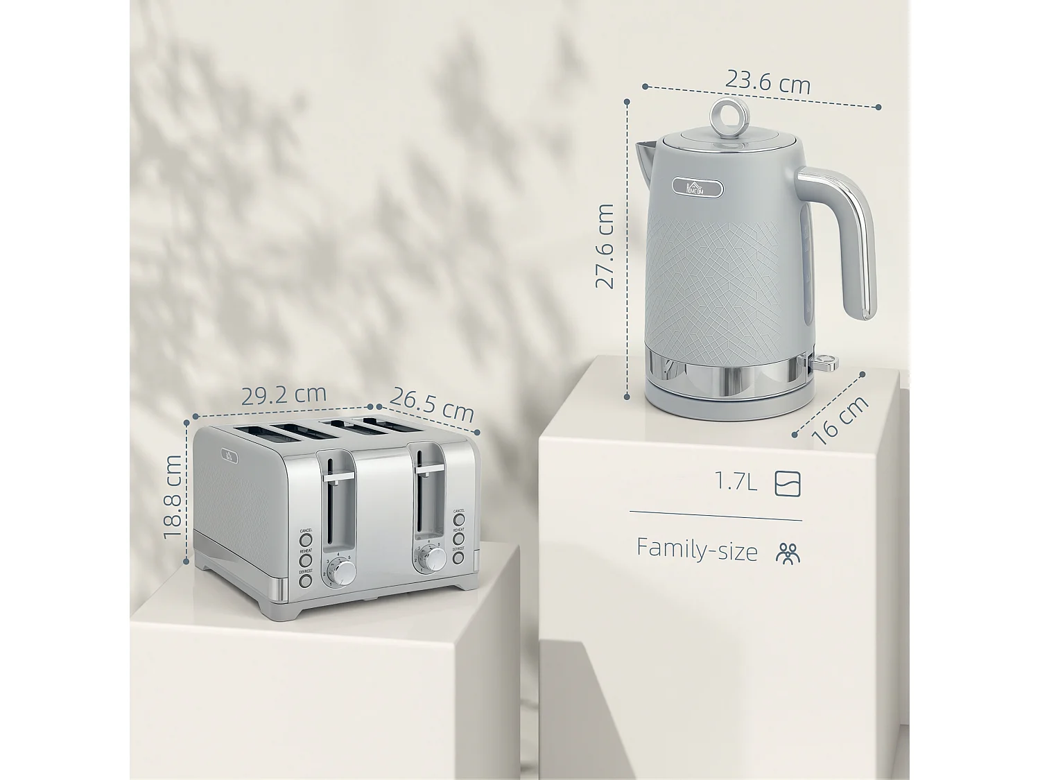 HOMCOM Kettle and Toaster Set with 3000W Rapid Boil, 4 Slice Toaster, Grey