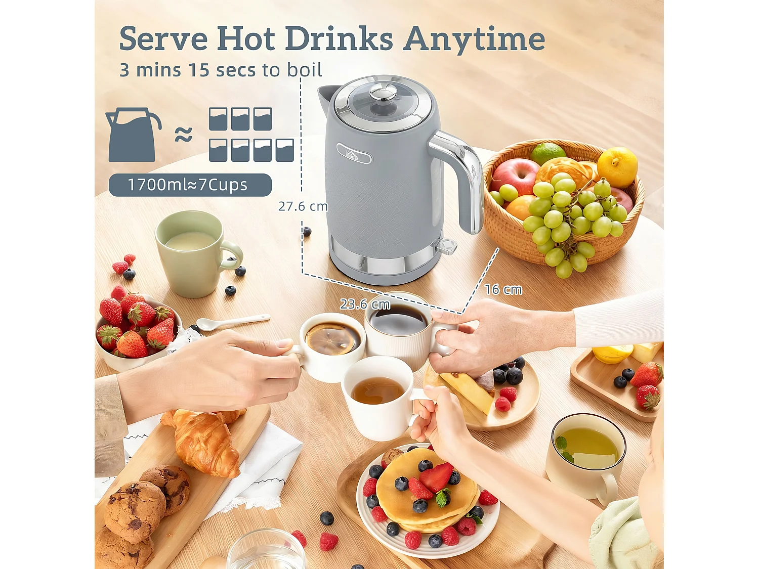 HOMCOM Kettle and Toaster Set with 3000W Rapid Boil, 4 Slice Toaster, Grey