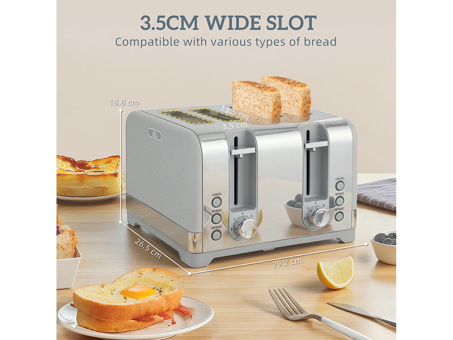 HOMCOM Kettle and Toaster Set with 3000W Rapid Boil, 4 Slice Toaster, Grey