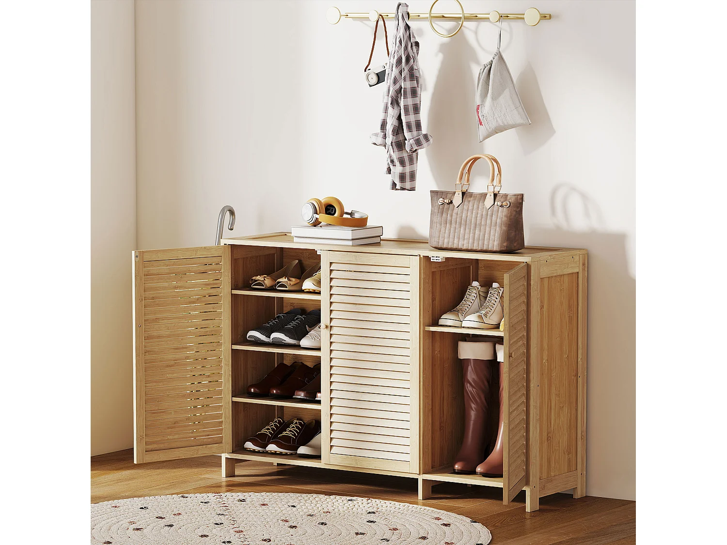 HOMCOM Bamboo Shoe Cabinet with Louvered Doors 18 Pairs Shoe Storage Cabinet