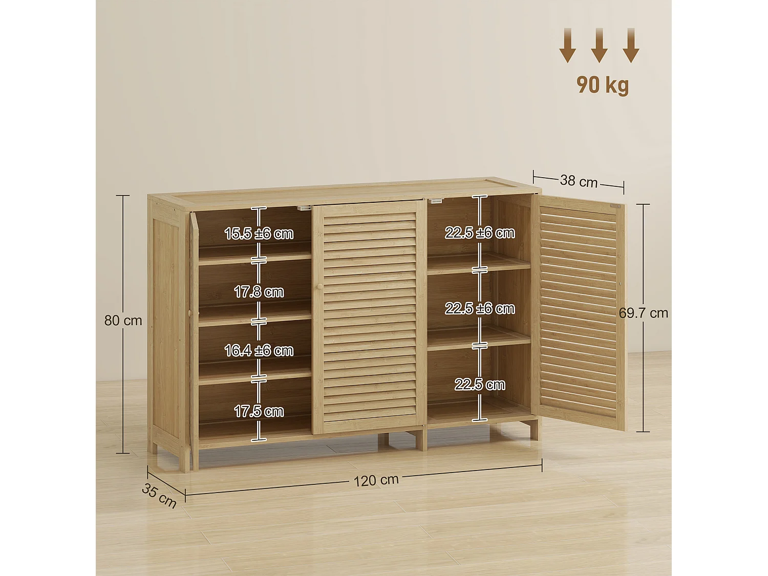 HOMCOM Bamboo Shoe Cabinet with Louvered Doors 18 Pairs Shoe Storage Cabinet