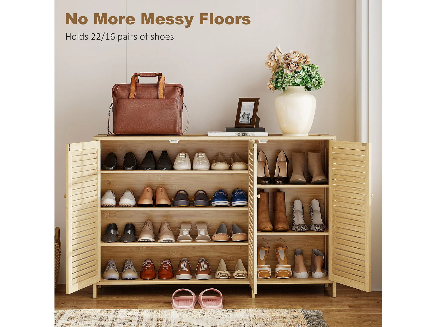 HOMCOM Bamboo Shoe Cabinet with Louvered Doors 18 Pairs Shoe Storage Cabinet