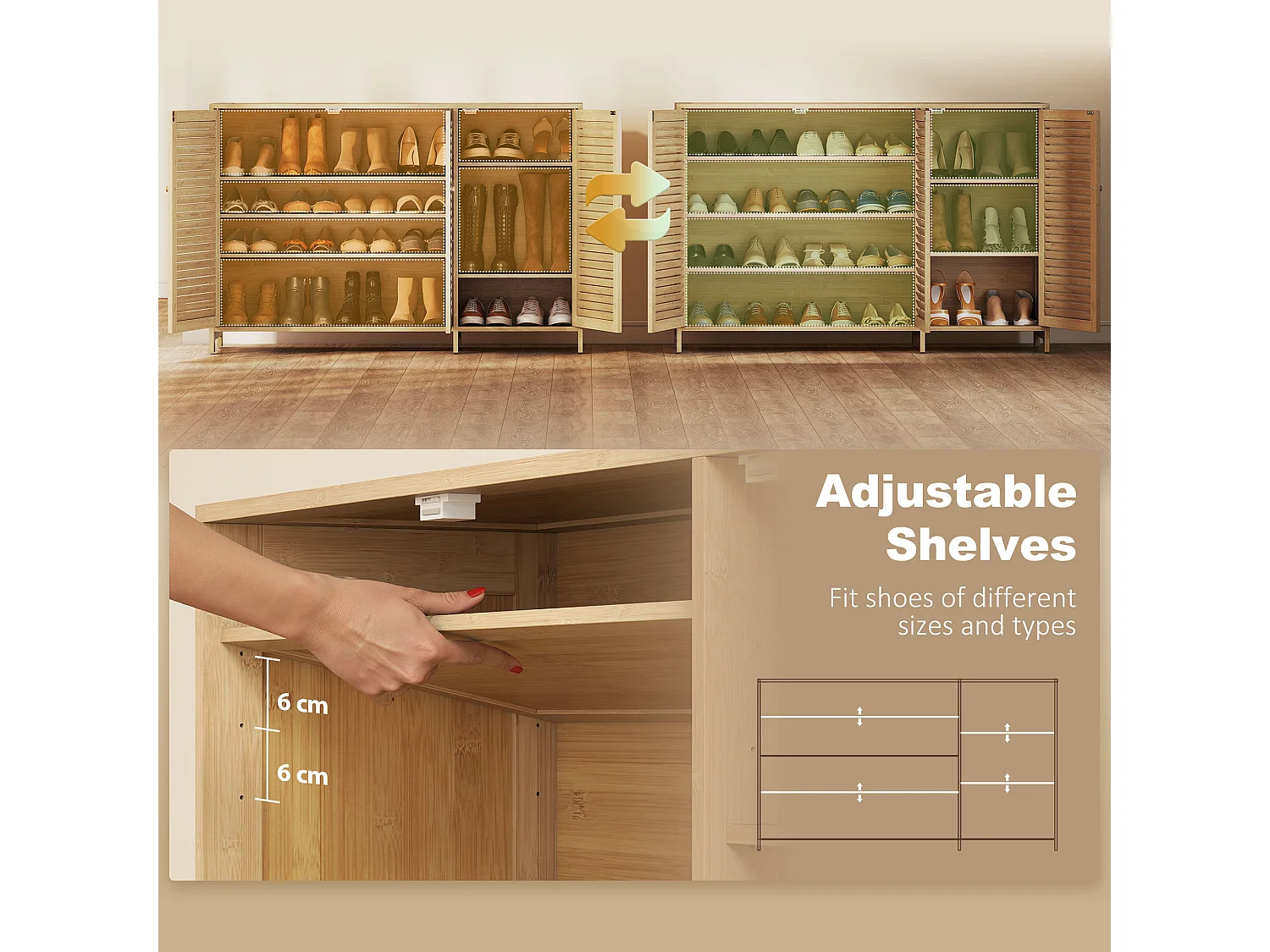 HOMCOM Bamboo Shoe Cabinet with Louvered Doors 18 Pairs Shoe Storage Cabinet