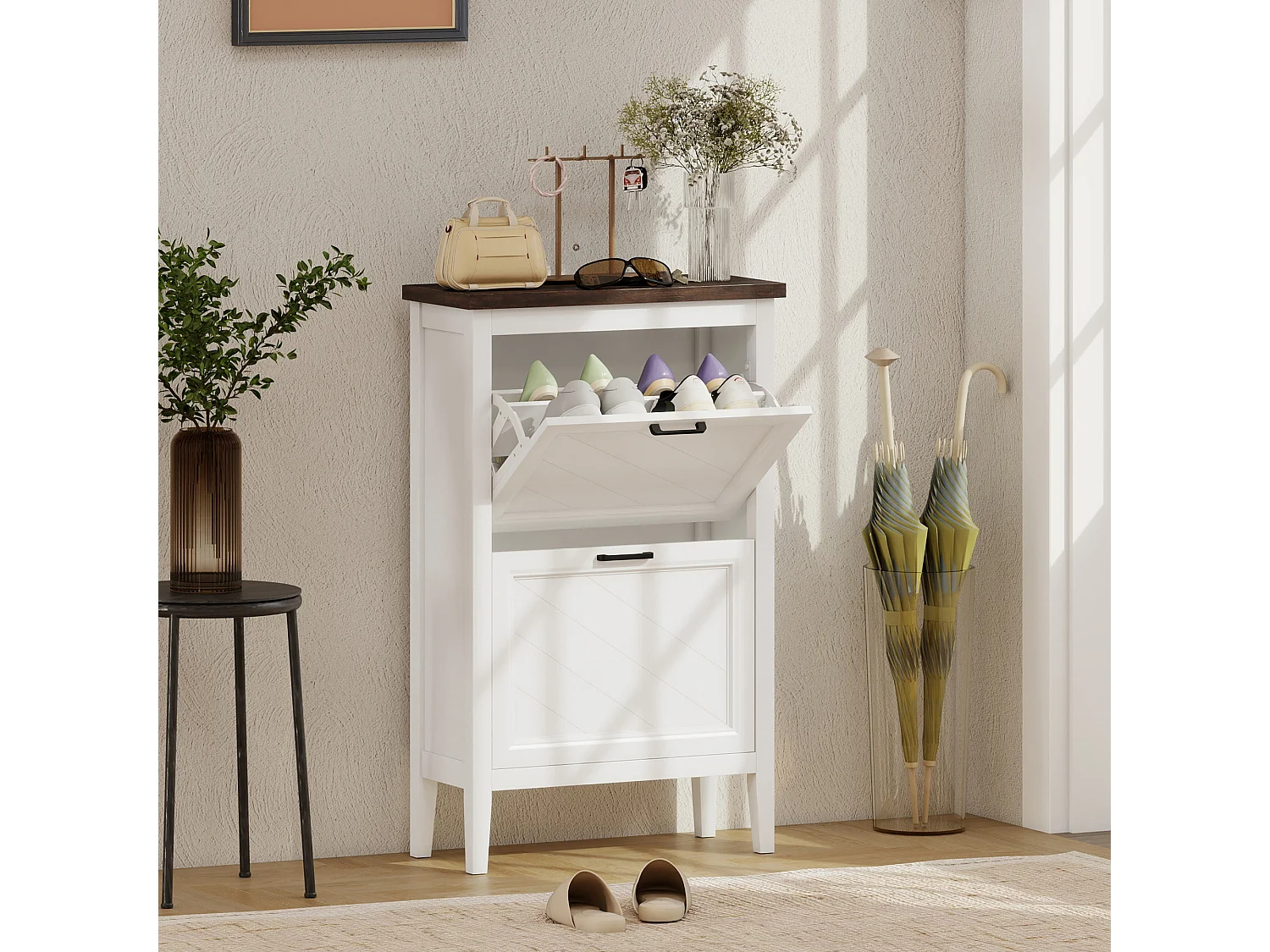 HOMCOM Shoe Cabinet with 2 Flip Drawers, Narrow Shoe Storage Cabinet, White