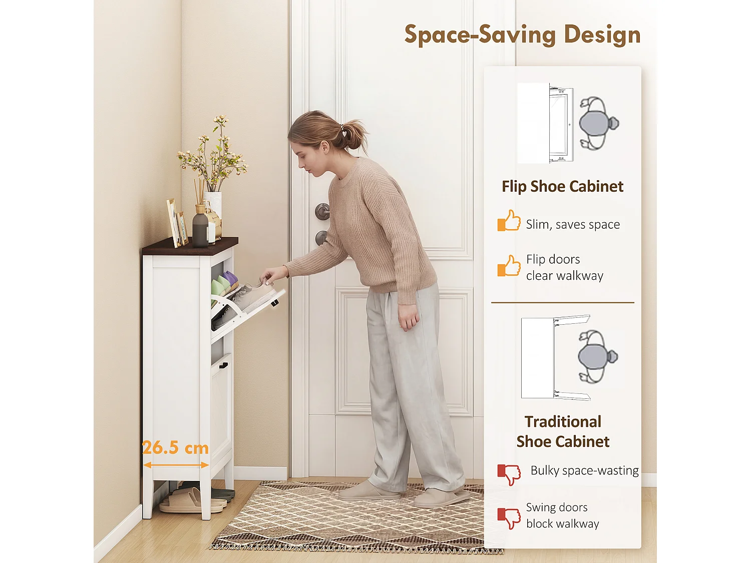 HOMCOM Shoe Cabinet with 2 Flip Drawers, Narrow Shoe Storage Cabinet, White