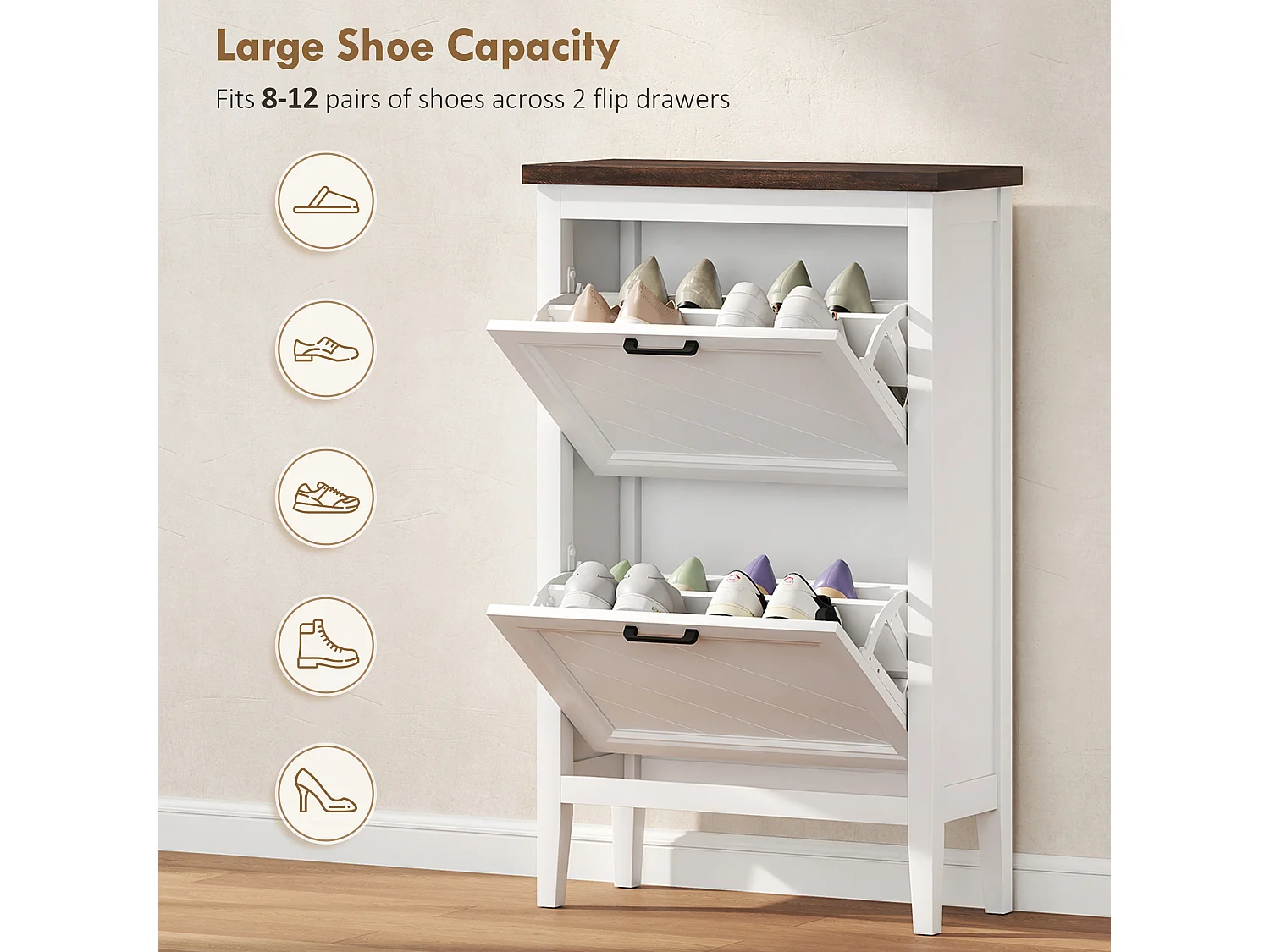 HOMCOM Shoe Cabinet with 2 Flip Drawers, Narrow Shoe Storage Cabinet, White