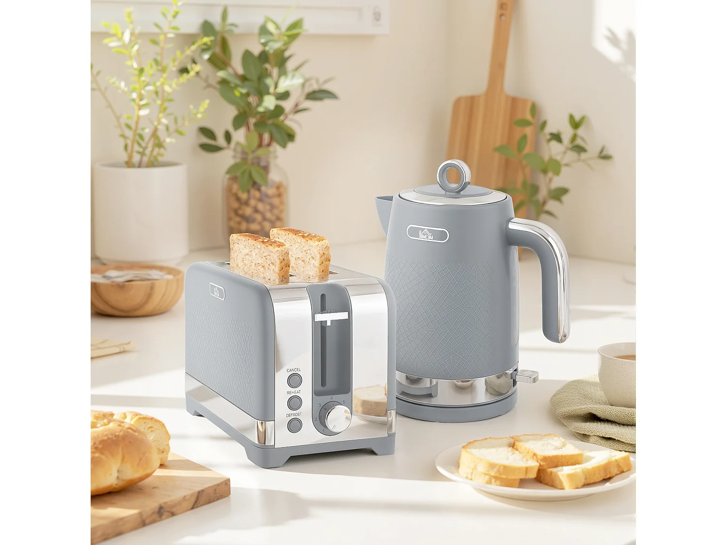 HOMCOM 3000W Rapid Boil Kettle and Toaster Set with Otter Thermostat, Grey
