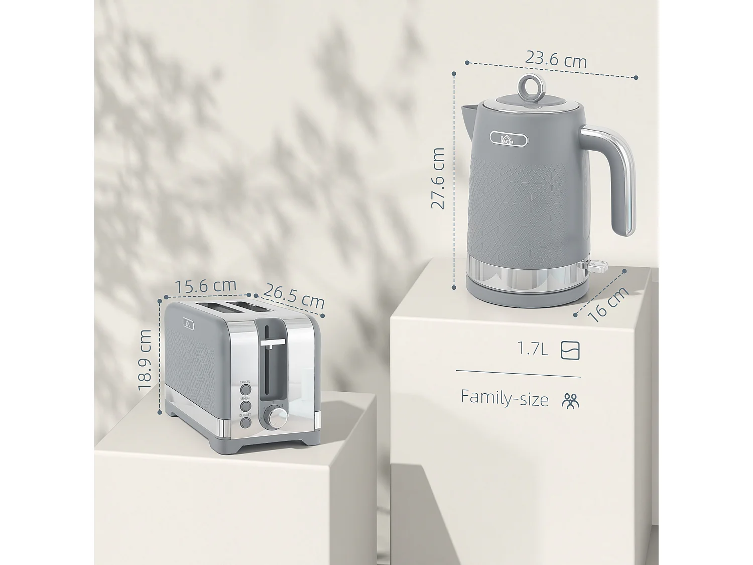HOMCOM 3000W Rapid Boil Kettle and Toaster Set with Otter Thermostat, Grey