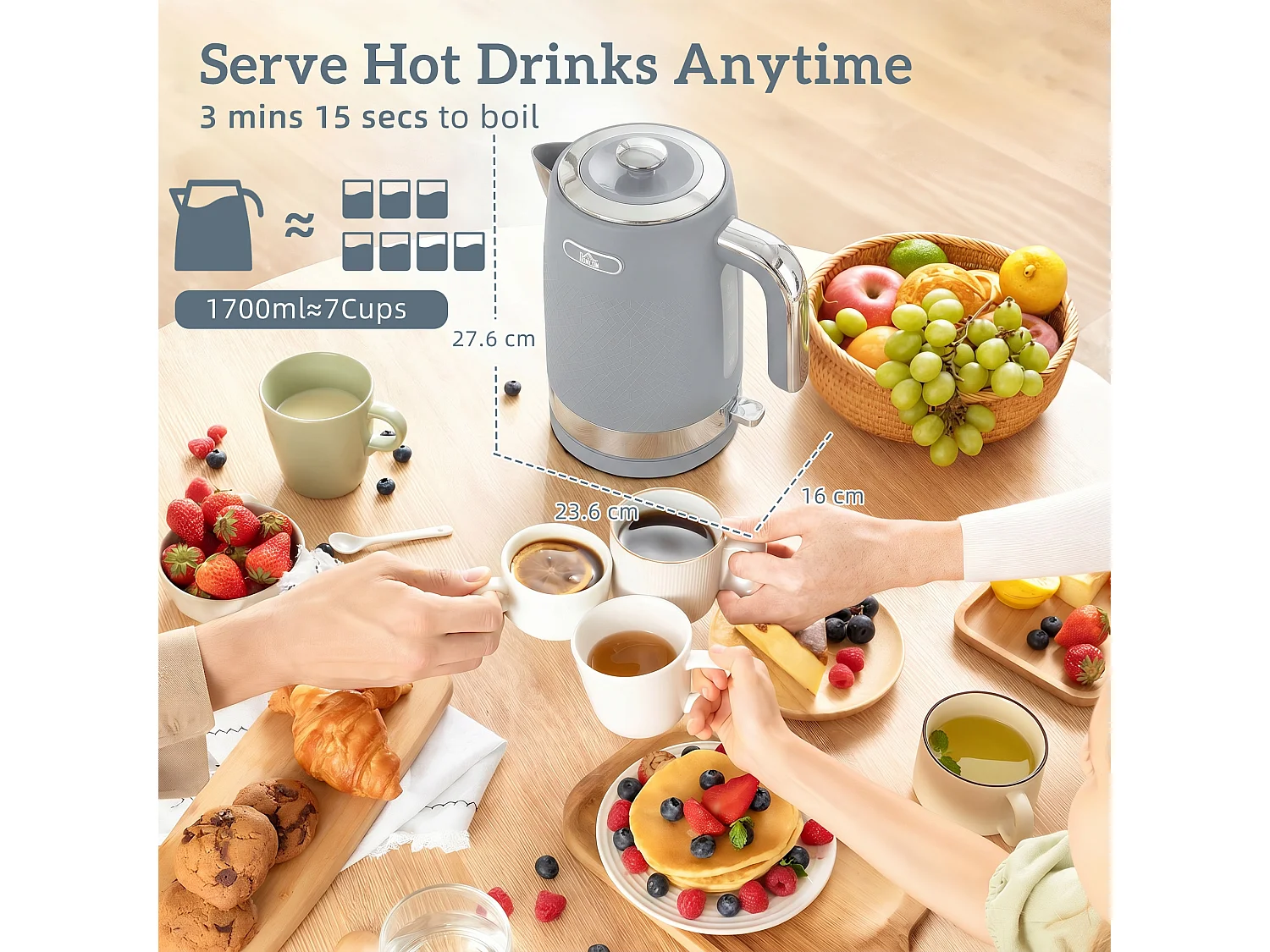 HOMCOM 3000W Rapid Boil Kettle and Toaster Set with Otter Thermostat, Grey