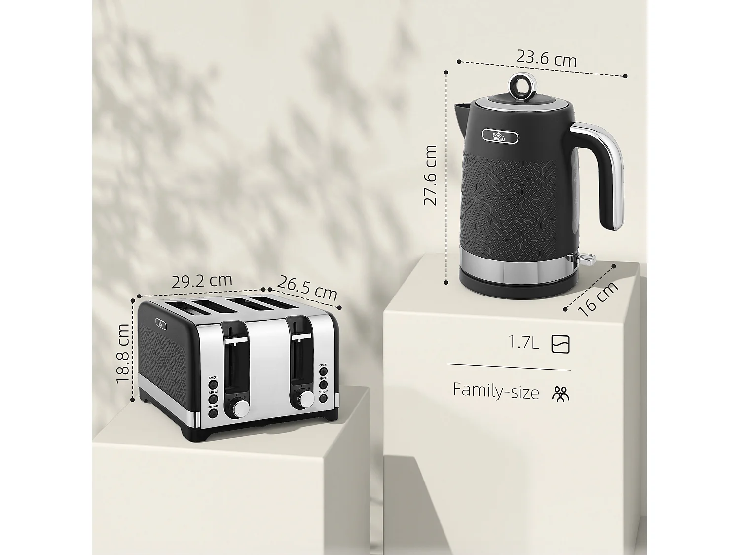 HOMCOM Kettle and Toaster Set with 3000W Rapid Boil, 4 Slice Toaster, Black