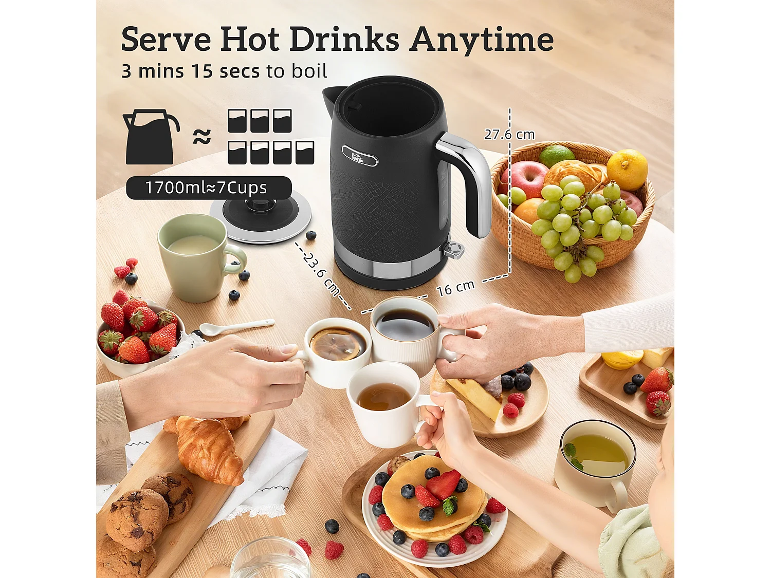 HOMCOM Kettle and Toaster Set with 3000W Rapid Boil, 4 Slice Toaster, Black