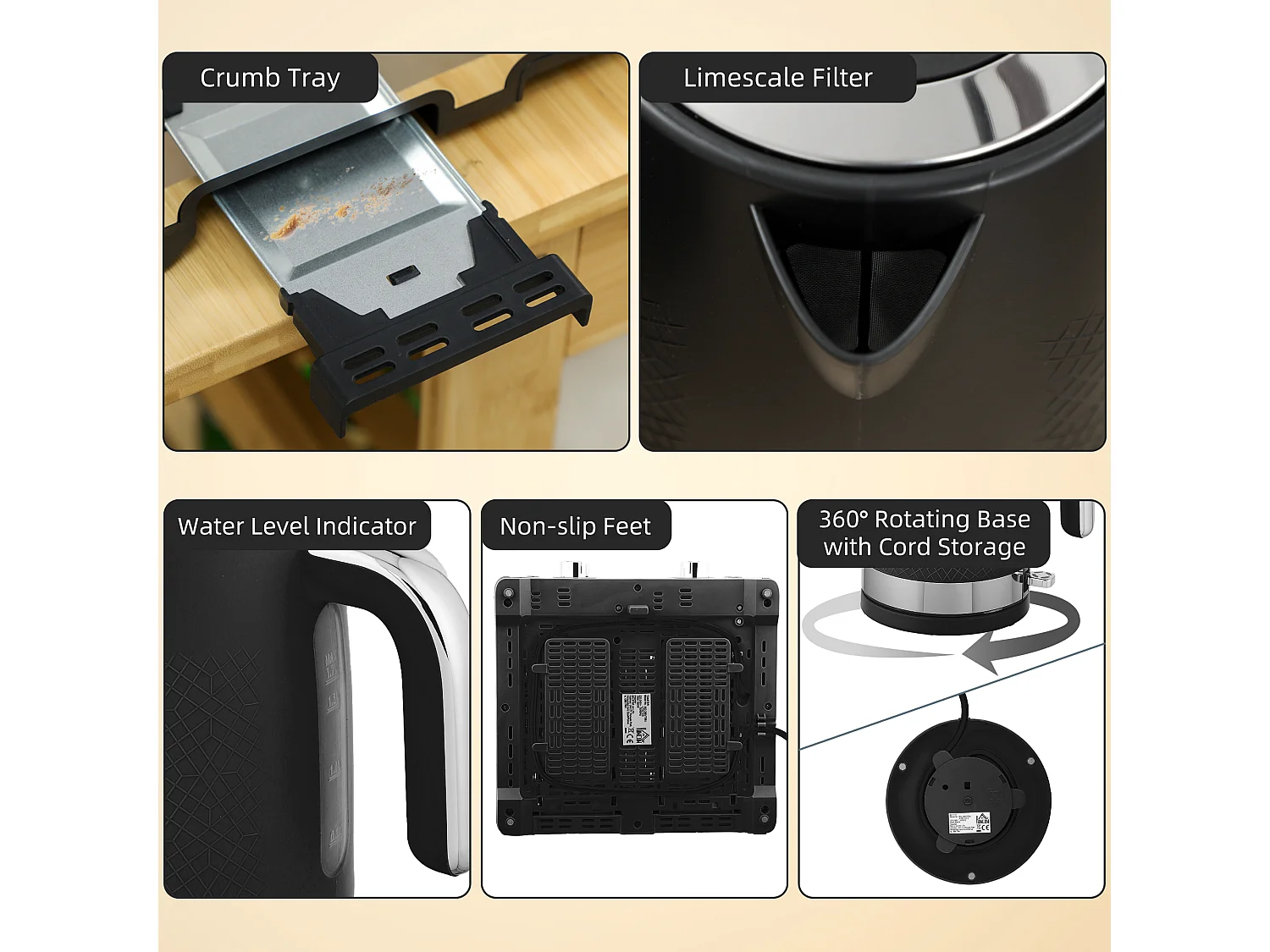 HOMCOM Kettle and Toaster Set with 3000W Rapid Boil, 4 Slice Toaster, Black