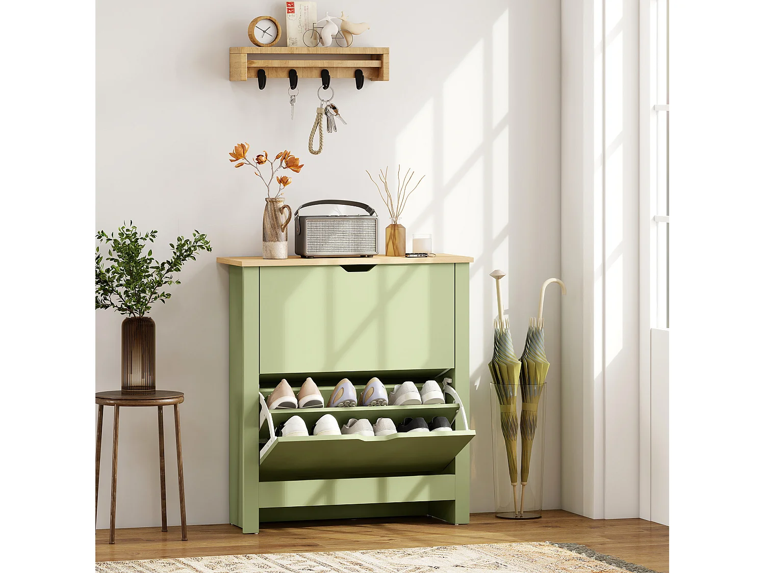 HOMCOM 12-Shoe Storage Cabinet 4 Shelves 2 Drawers Tabletop Green