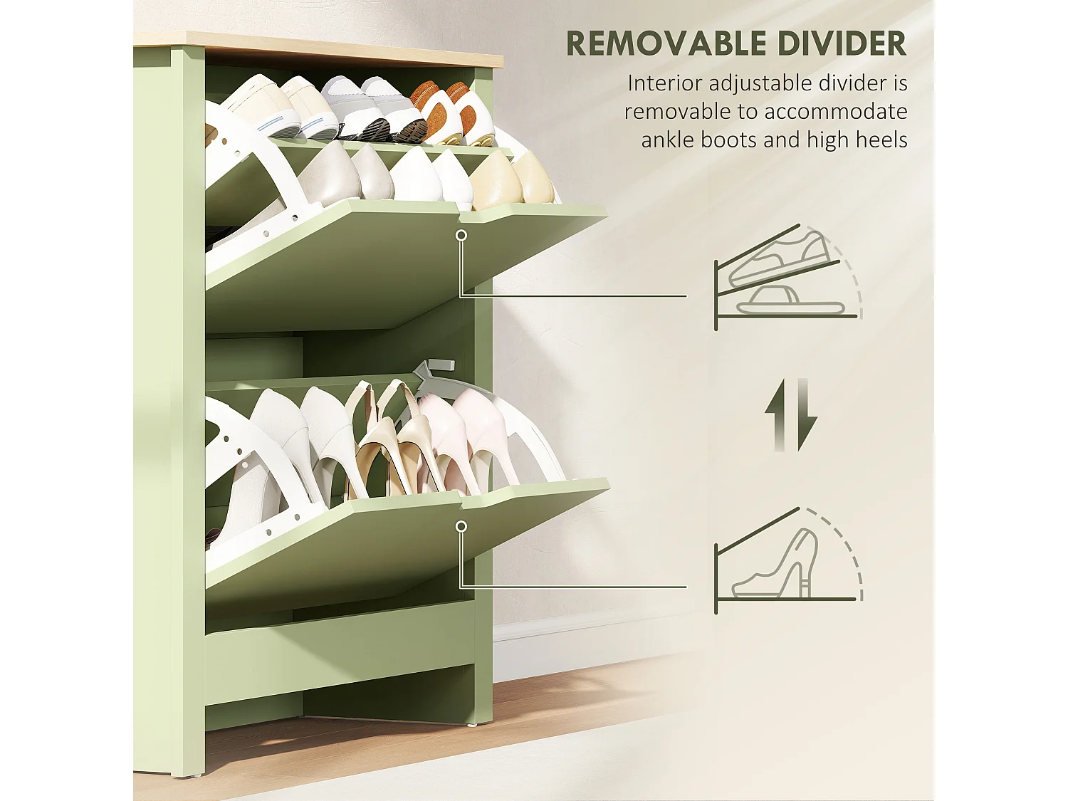HOMCOM 12-Shoe Storage Cabinet 4 Shelves 2 Drawers Tabletop Green