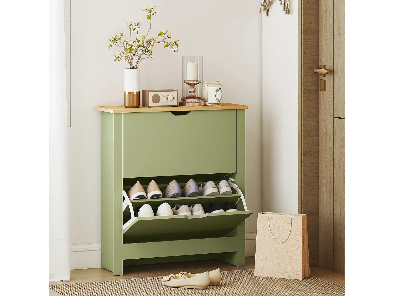 HOMCOM 12-Shoe Storage Cabinet 4 Shelves 2 Drawers Tabletop Green