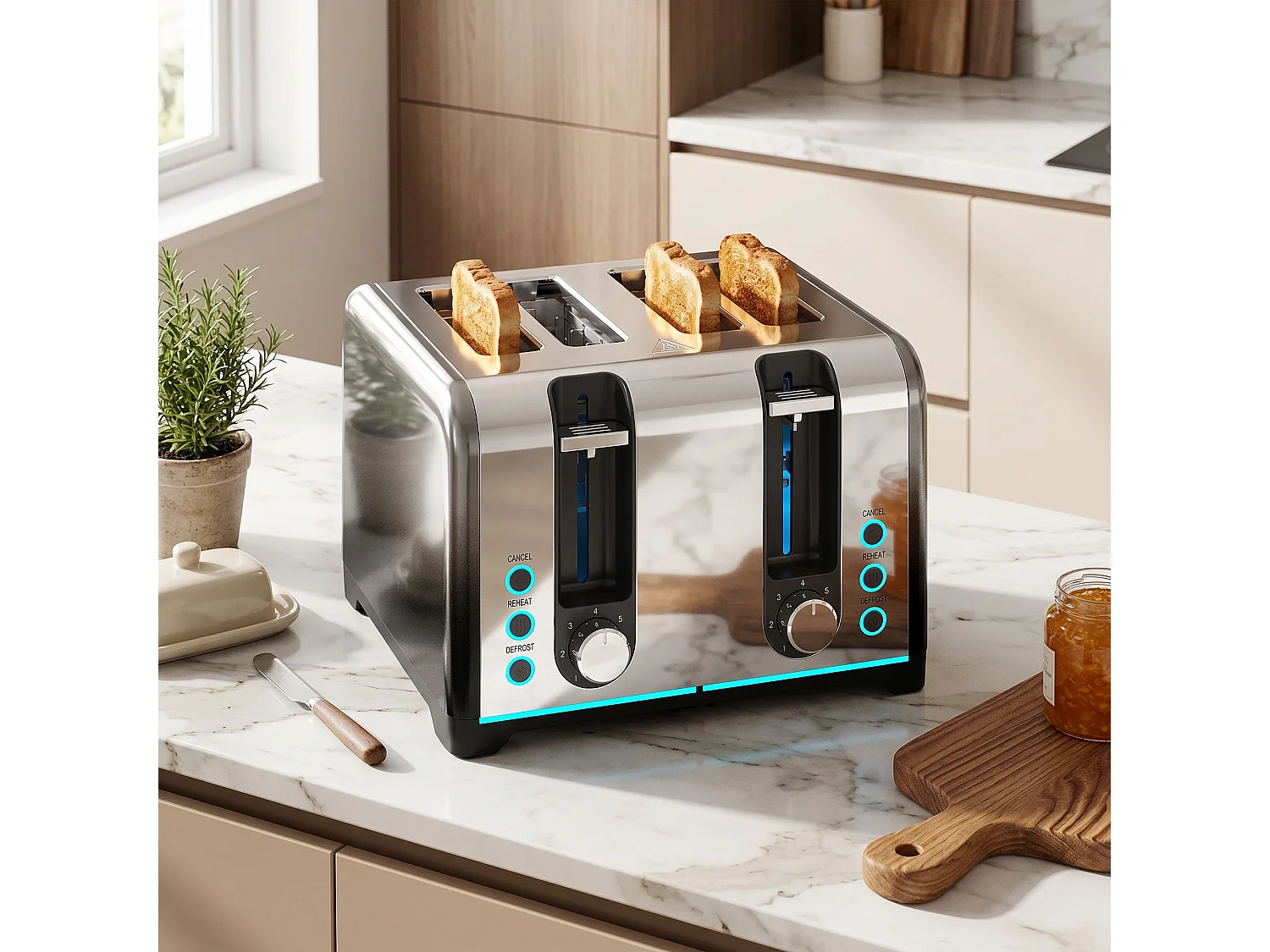 HOMCOM 4 Slice Toaster with 7 Browning Levels, Reheat, Defrost and Cancel