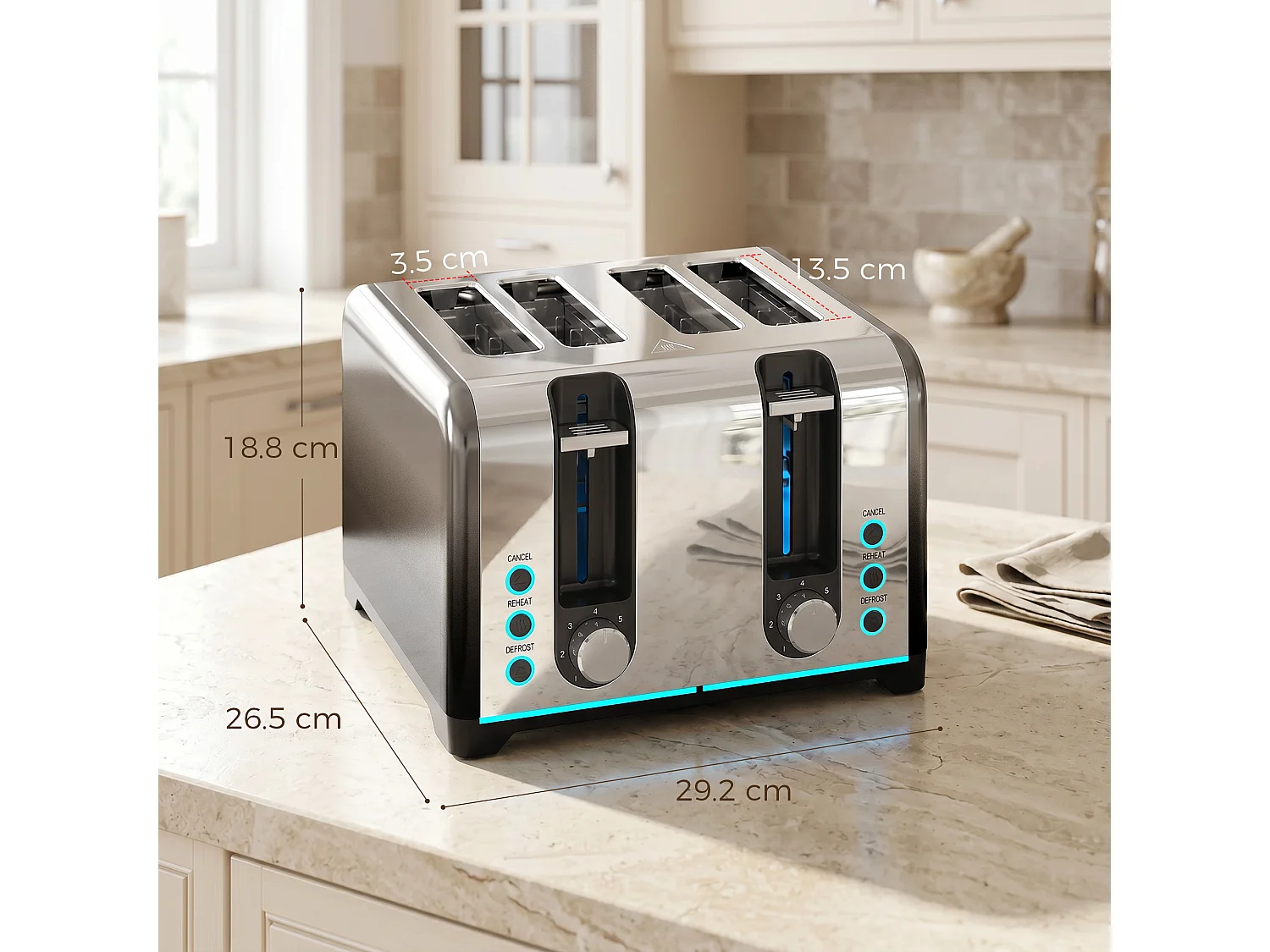 HOMCOM 4 Slice Toaster with 7 Browning Levels, Reheat, Defrost and Cancel