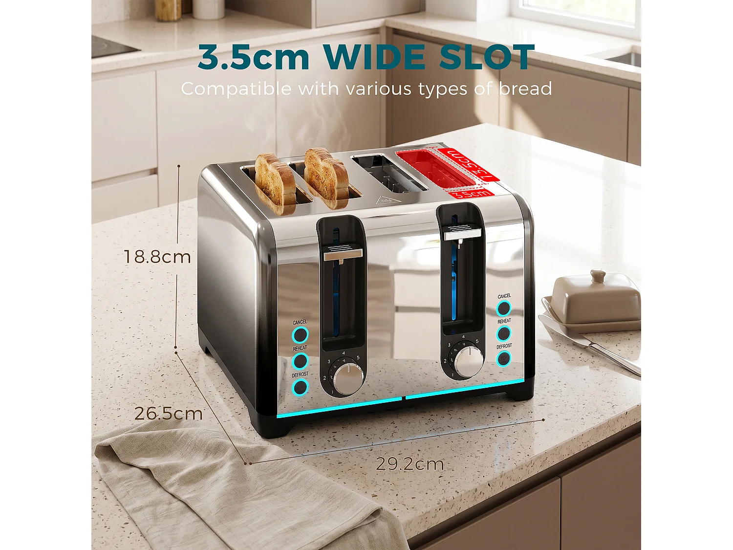 HOMCOM 4 Slice Toaster with 7 Browning Levels, Reheat, Defrost and Cancel