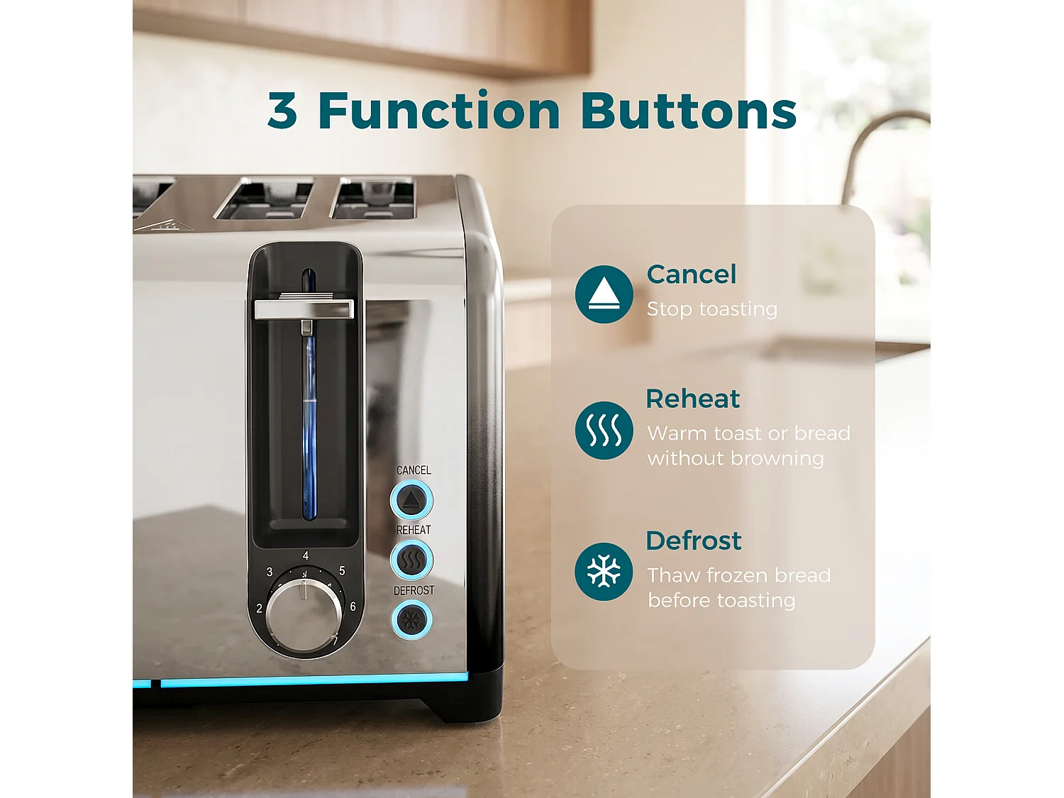HOMCOM 4 Slice Toaster with 7 Browning Levels, Reheat, Defrost and Cancel